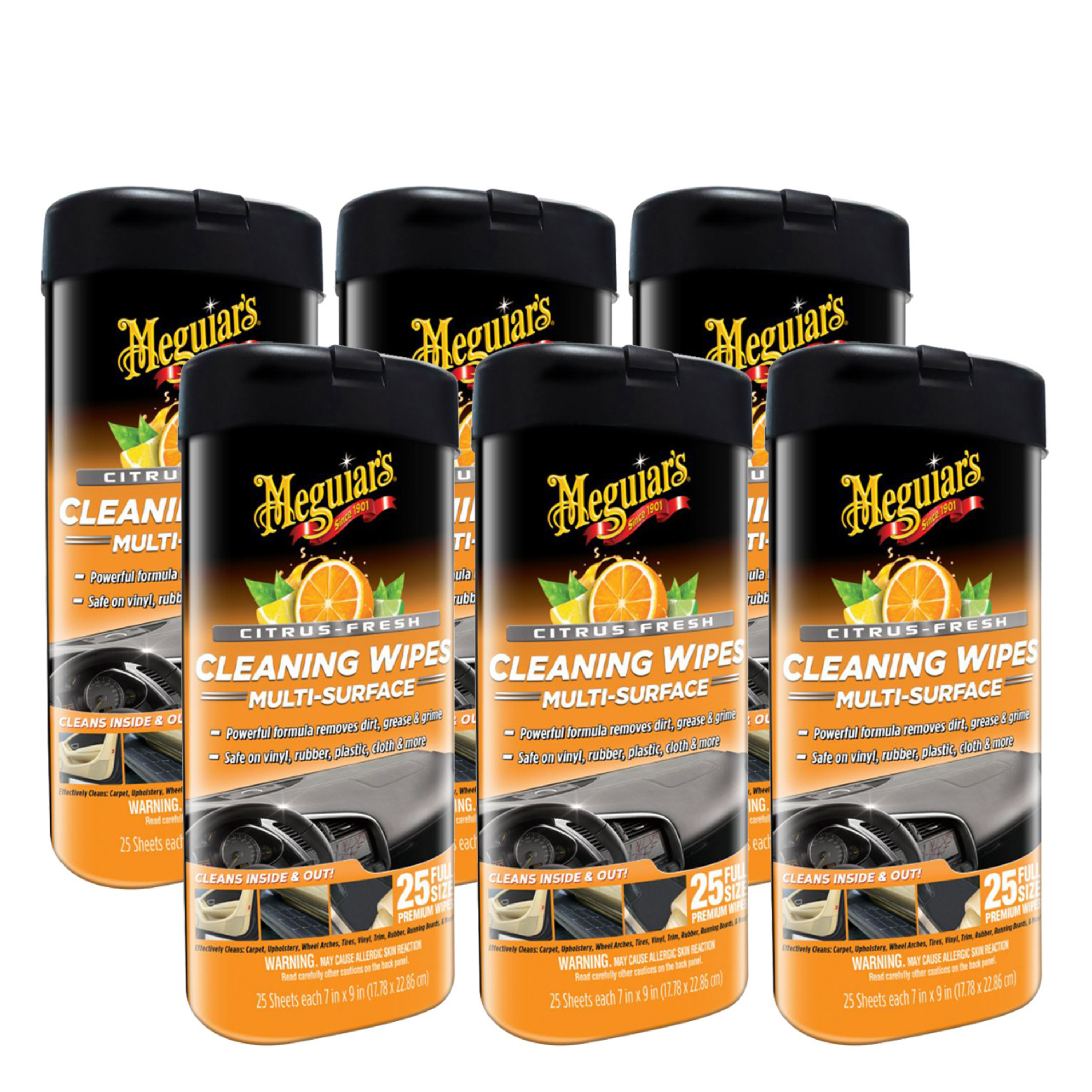 Meguiar's Citrus Fresh Multi-Surface Cleaning Wipes (25 Wipes) - 6 Pack