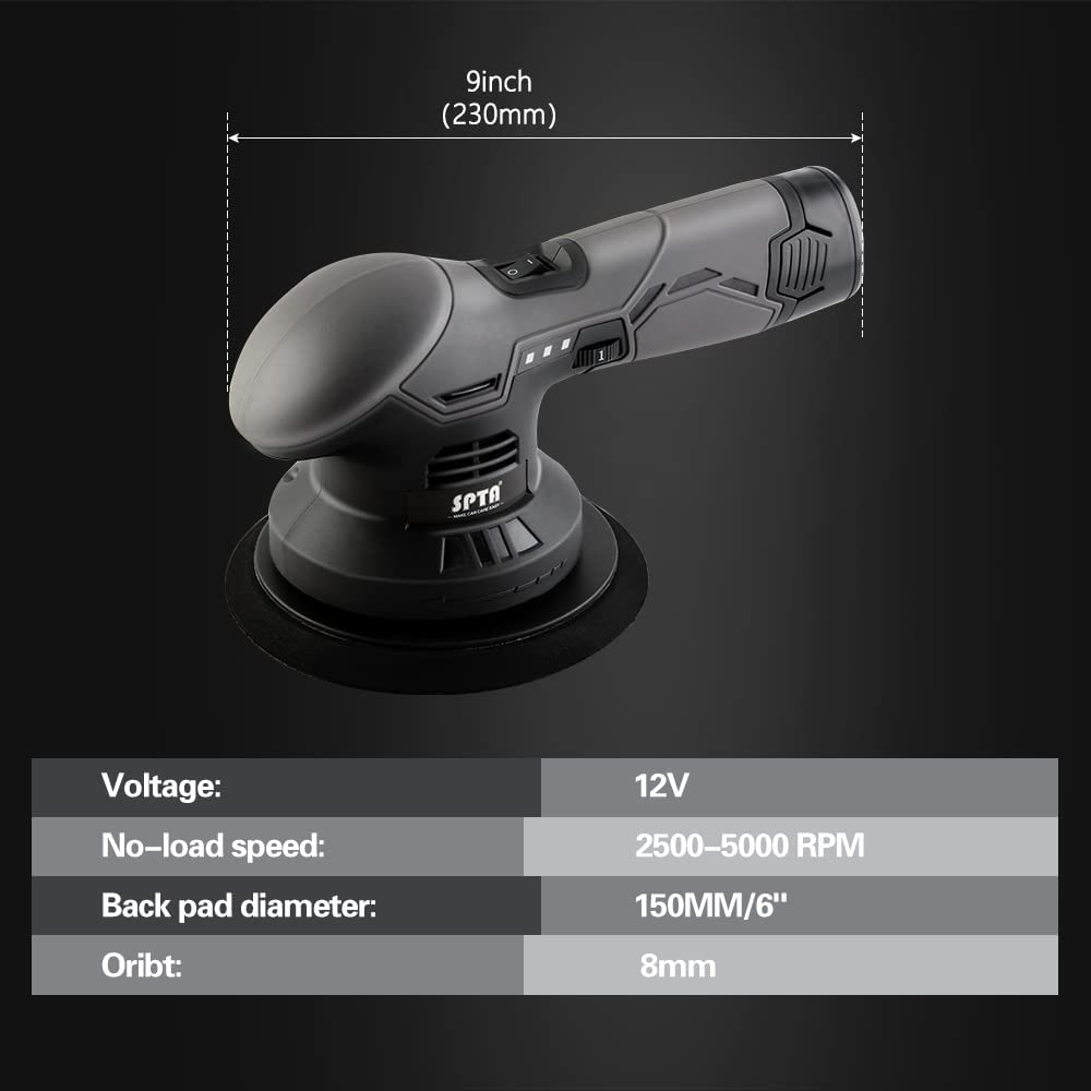 Cordless Car Buffer Polisher, SPTA Polisher with 2Pcs 12V Lithium Rechargeable Battery Brushless Polisher with Variable Speed