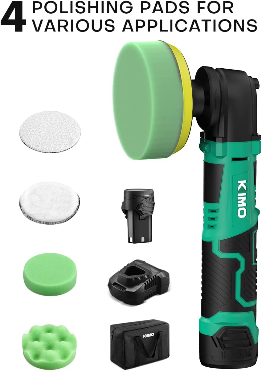 KIMO Cordless Car Buffer Polisher Kit w/1 Hour Fast Charger, 5 Variable Speeds, 4-INCH Small Buffer Polisher for Car Detailing, 4 Pads for Car Waxing/Scratch Removing/Home Appliance Polishing