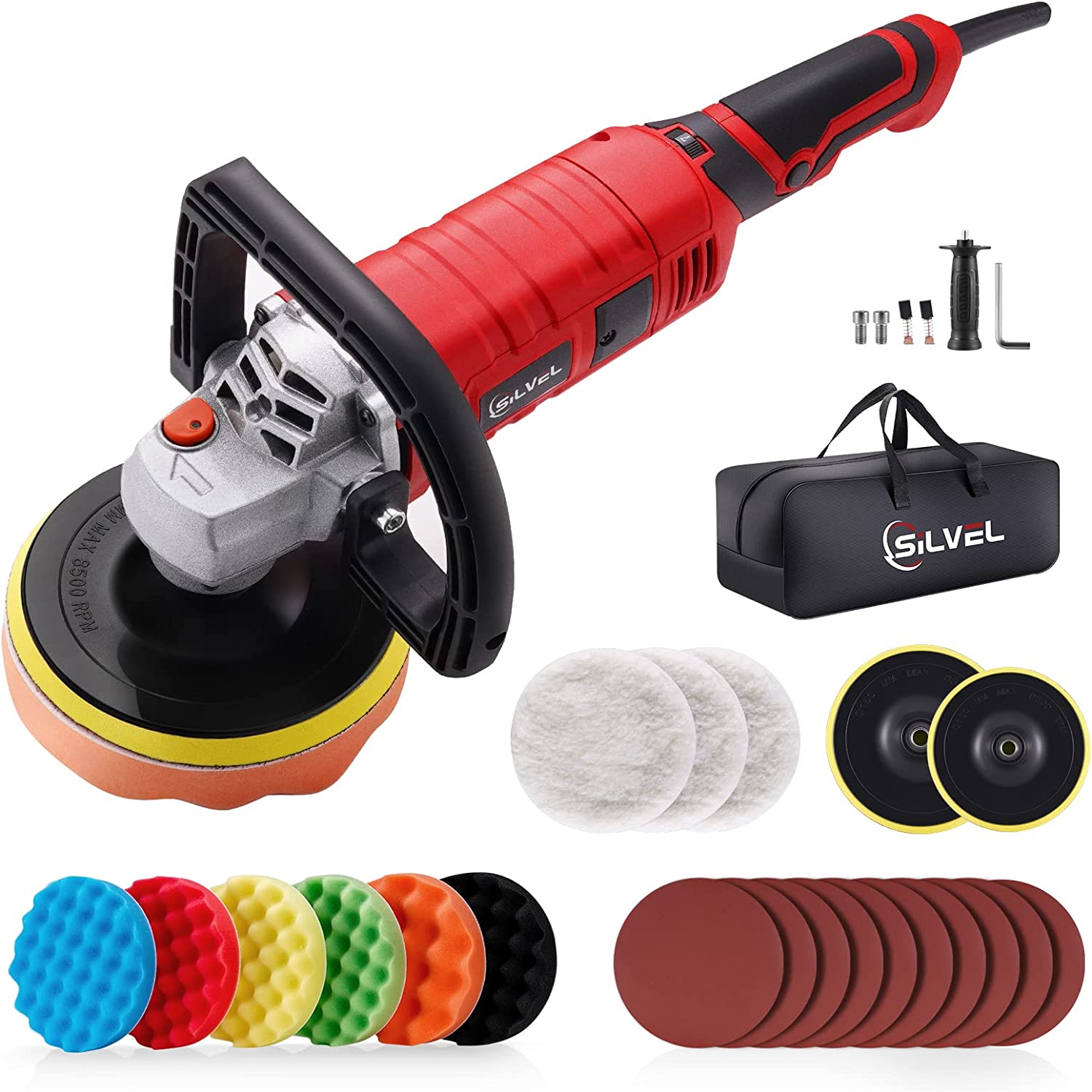 SILVEL Buffer Polisher, 1580W 7 Inch/6 Inch Rotary Car Buffer Polisher Waxer, 7 Variable Speed 1000-3500 RPM, Detachable Handle for Car, Boat Sanding, Polishing, Waxing