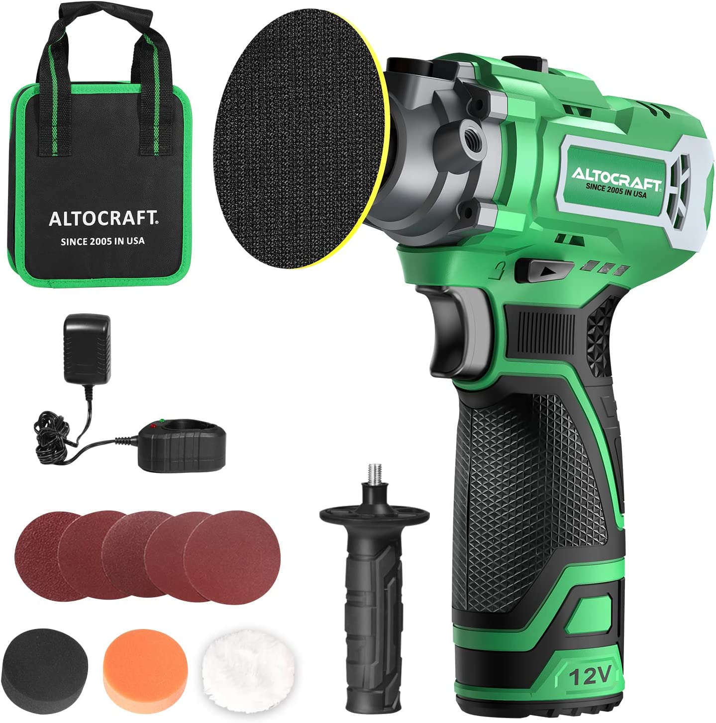 ALTOCRAFT 3-in-1 12V Cordless Polisher & Sander,3-inch Mini Car Detailing Buffer w/2.0Ah Li-ion Battery,7800RPM Variable Speed,5 Sandpapers,2 Flat Pads,Wool Pad for Auto/DIY Polishing/Sanding/Waxing