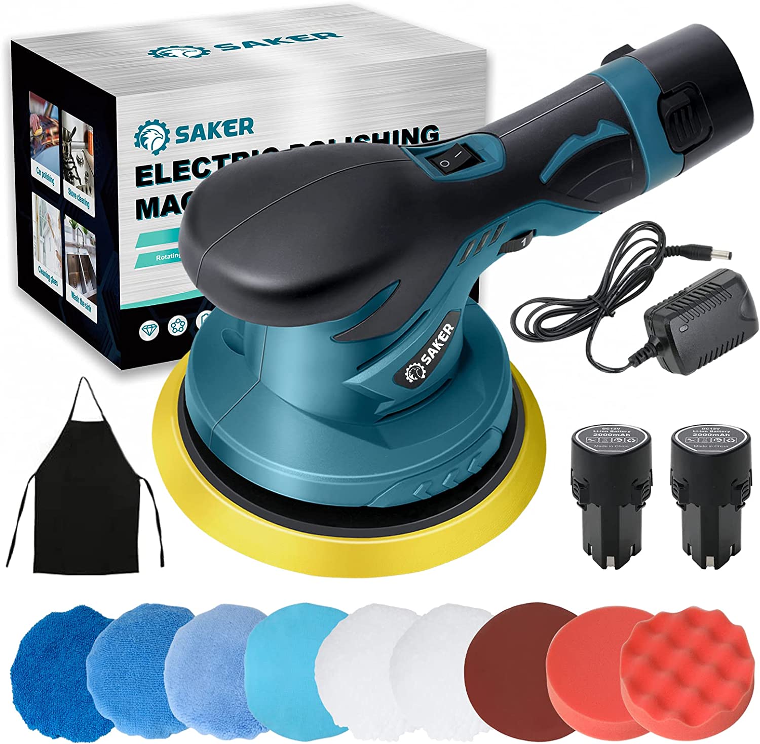 Saker Cordless Car Buffer Polisher - 6 Inch Portable Polishing Waxer Machine Kit for Car Detailing, with 2PCS 12V 2000mAh Battery, Extra 10 PCS Attachments