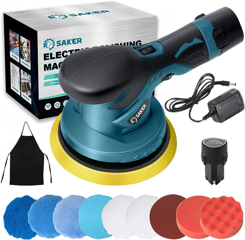 Saker Cordless Car Buffer Polisher - 6 Inch Portable Polishing Waxer Machine Kit for Car Detailing, with 2PCS 12V 2000mAh Battery, Extra 10 PCS Attachments