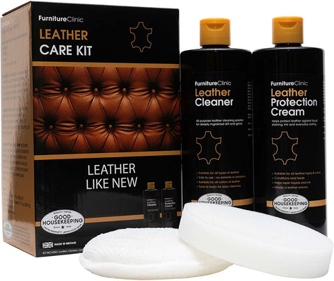 FurnitureClinic Large Leather Care Kit | Includes 17oz Protection Cream & Conditioner, 17oz Leather Cleaner, Sponge & Cloth | for Leather Furniture, Chairs, & More