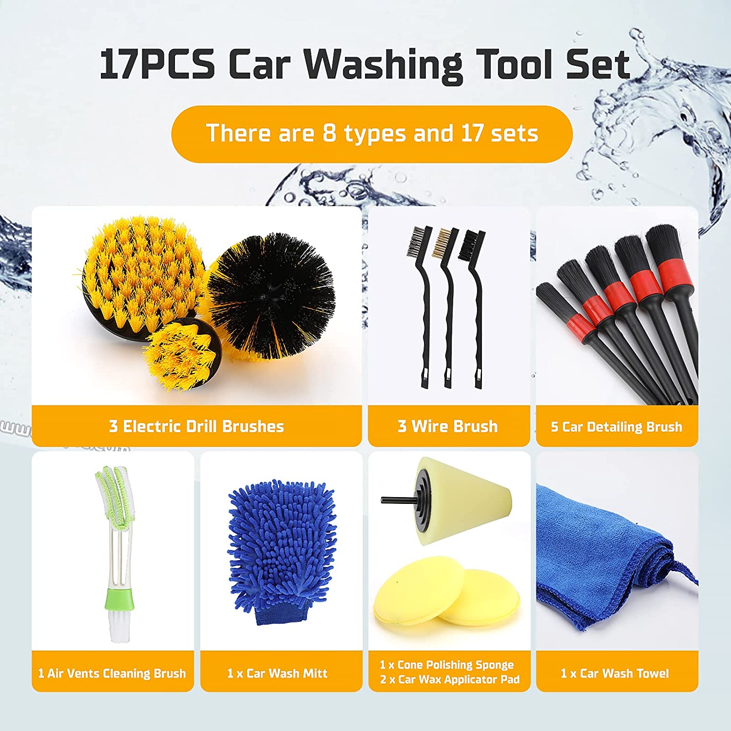 Allnice 17Pcs Car Detailing Cleaning Brushes Kit Car Interior Washing Tool Set with Drill Brushes Wire Brushes Air Vent Brushes