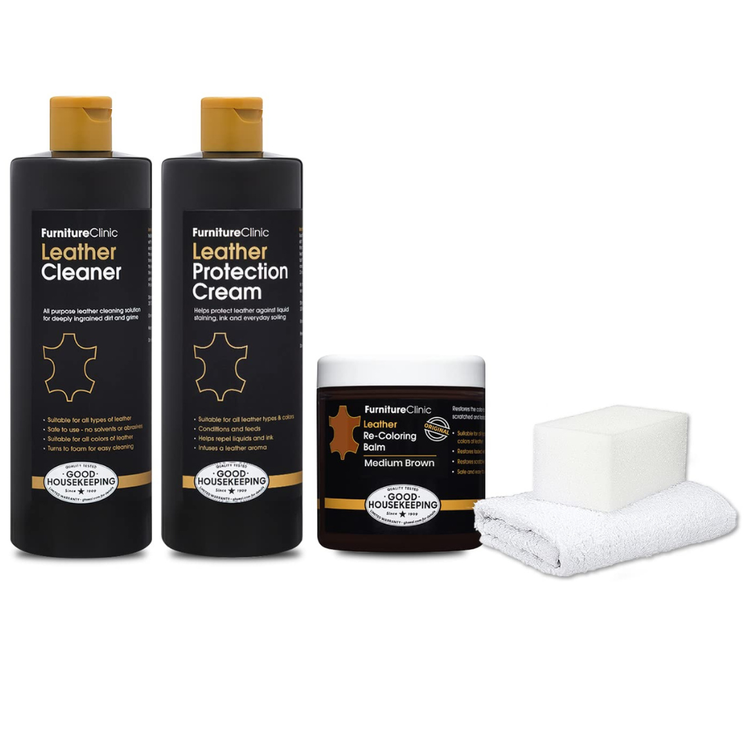 Furniture Clinic Leather Complete Restoration Kit | Includes Leather Re-Coloring Balm, Leather Cleaner, Protection Cream, Sponge & Cloth | Restores & Repairs (Medium Brown)